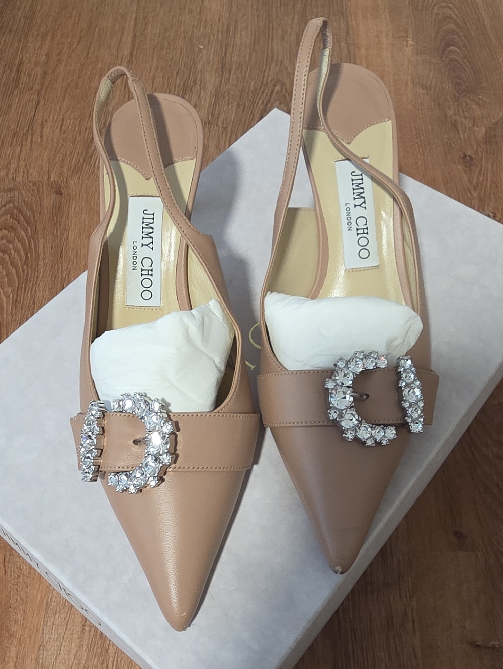 Jimmy Choo Taupe Leather Pointed Slingback Flats with Crystal Buckles